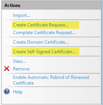 windows iis create certificate actions