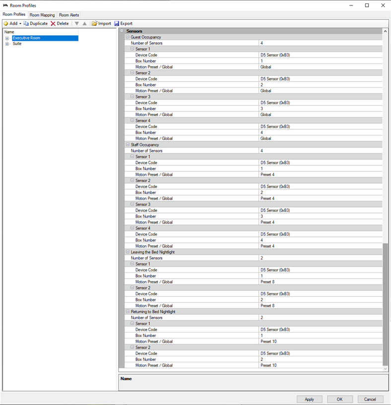 sb room profile sensor list