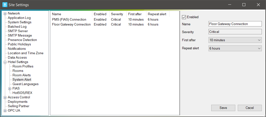 sm config settings hotel system alert