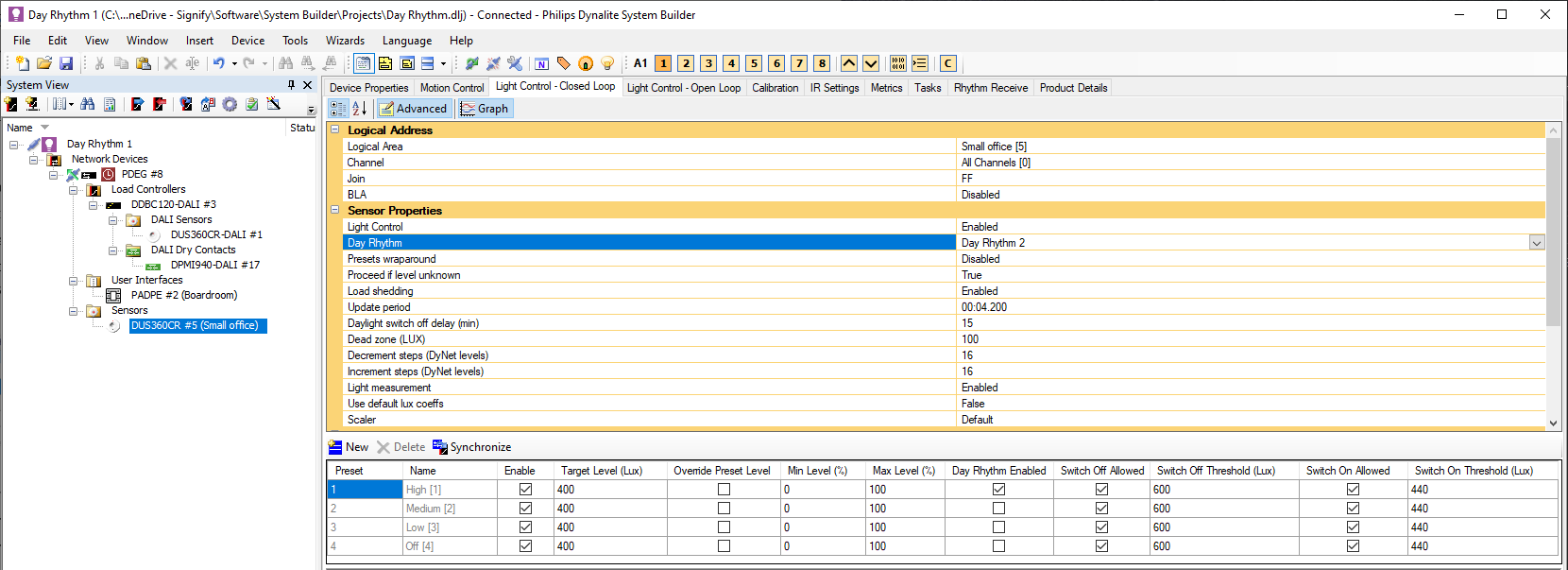 sb light control closed loop tab