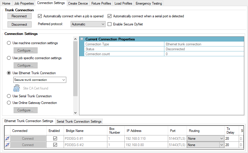 sb connection settings ethernet trunk disconnected