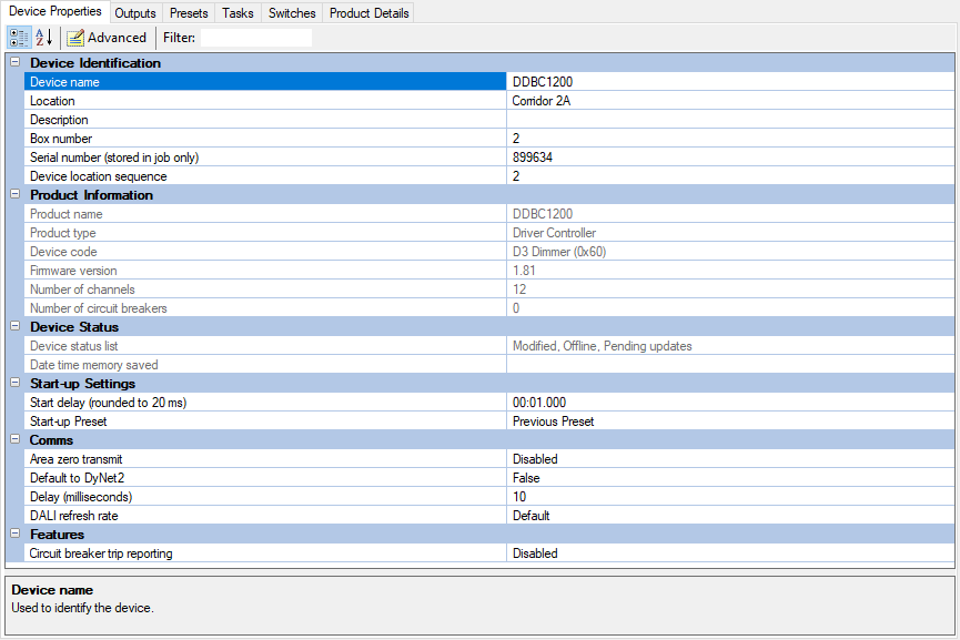 sb device properties ddbc1200