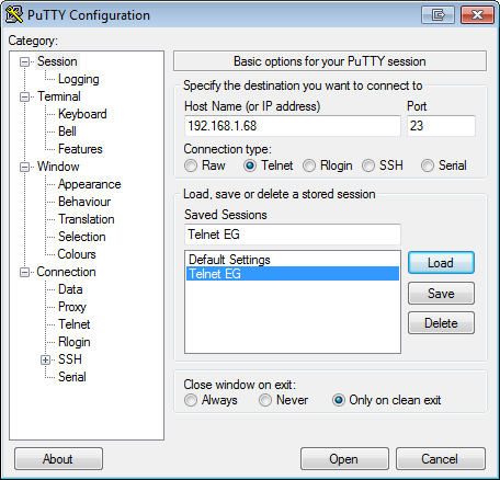 putty telnet config