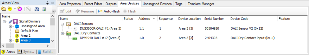 sb areas view assigned dali devices