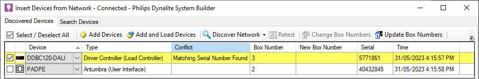 sb insert devices from network search ddbc120 dali