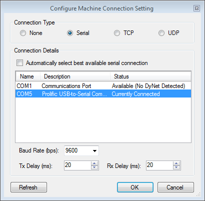 sb machine connection settings serial connected