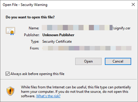 win cert open warning