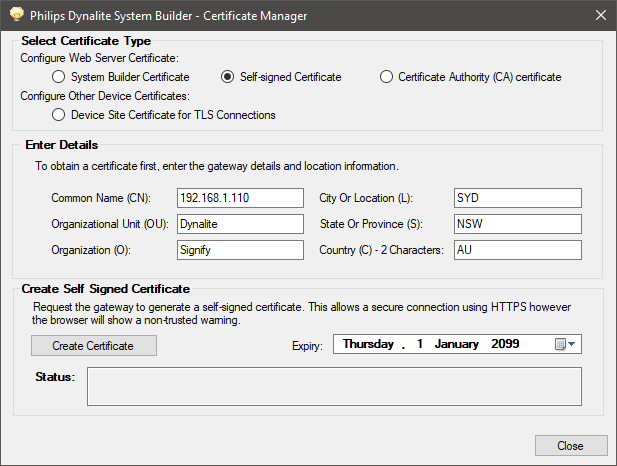 sb cert mgr self signed