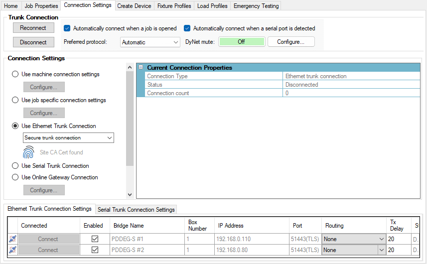 sb connection settings ethernet trunk disconnected