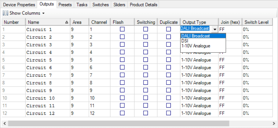 sb dali device outputs editor broadcast