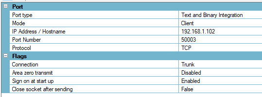 Screenshot of port configured as Text and Binary Integration