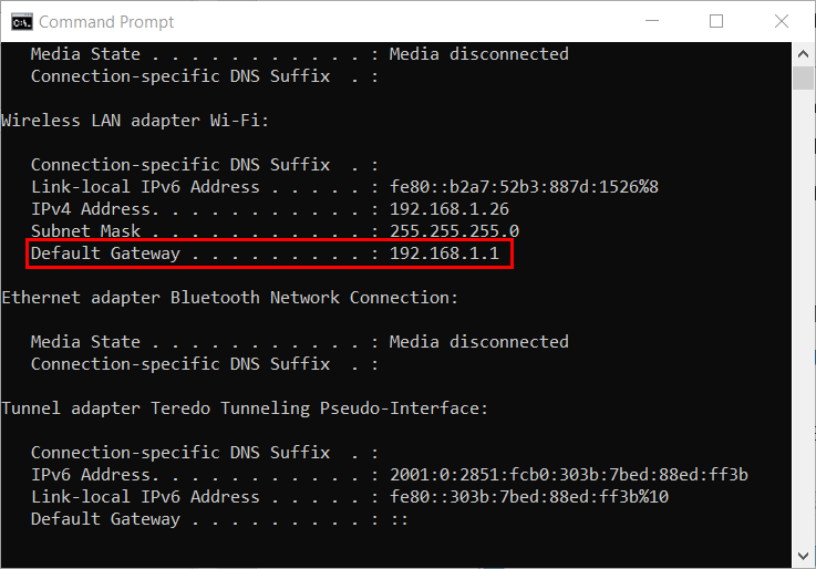 win cmd ipconfig default gateway