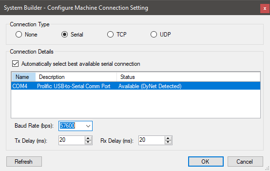 sb machine connection settings 57600bps